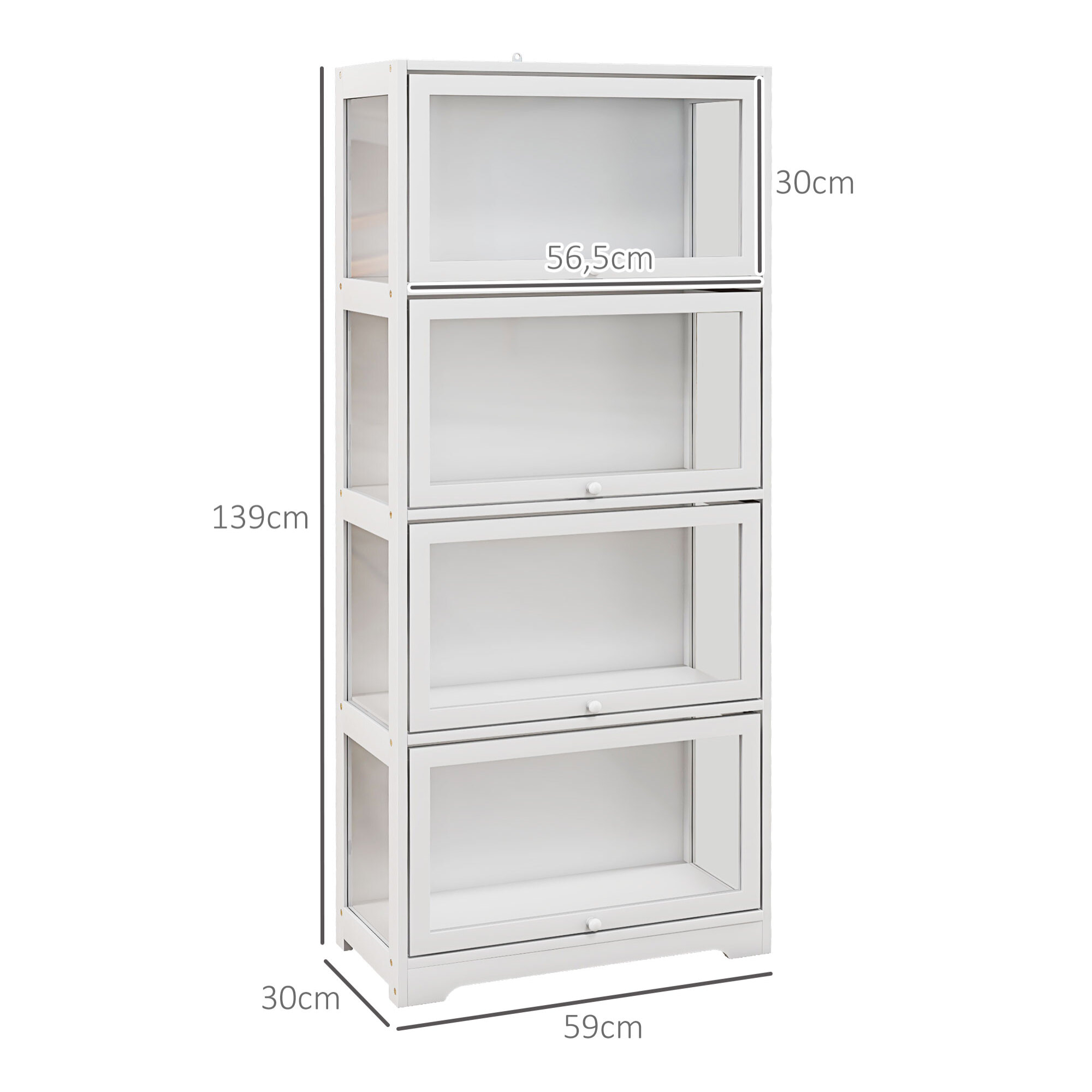 Vitrine colonne 4 niveaux - 4 portes abattantes - dim. 59 x 30 x 139 cm - MDF blanc acrylique transparent