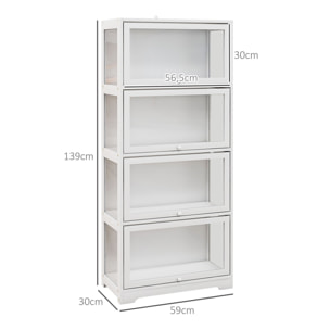 Vitrine colonne 4 niveaux - 4 portes abattantes - dim. 59 x 30 x 139 cm - MDF blanc acrylique transparent