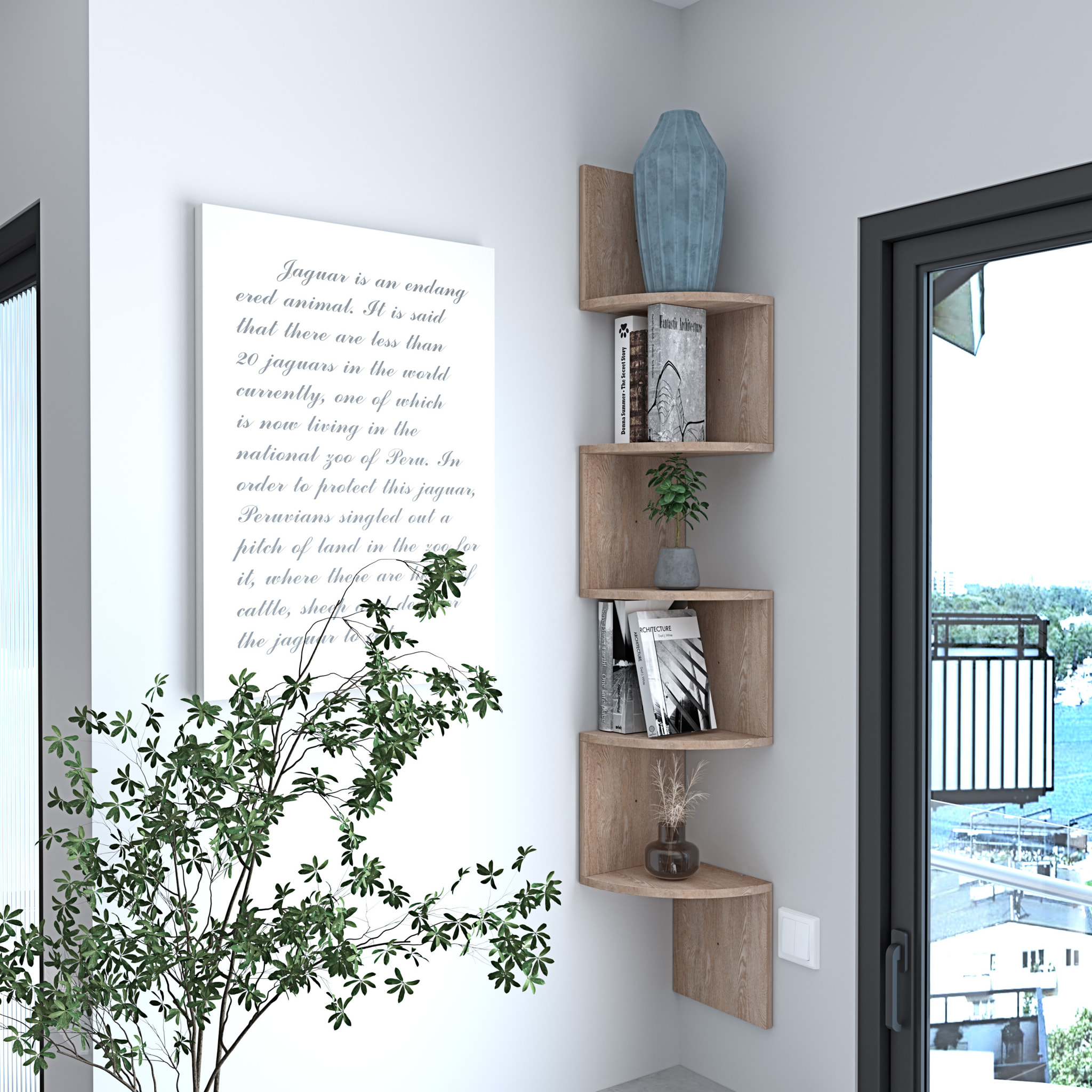 Libreria Angolare Scaffale 5 Ripiani Legno MDF Mensole Espositive da Parete Design Moderno Elegante Casa Soggiorno Salotto Studio 123x20x20 cm Rovere