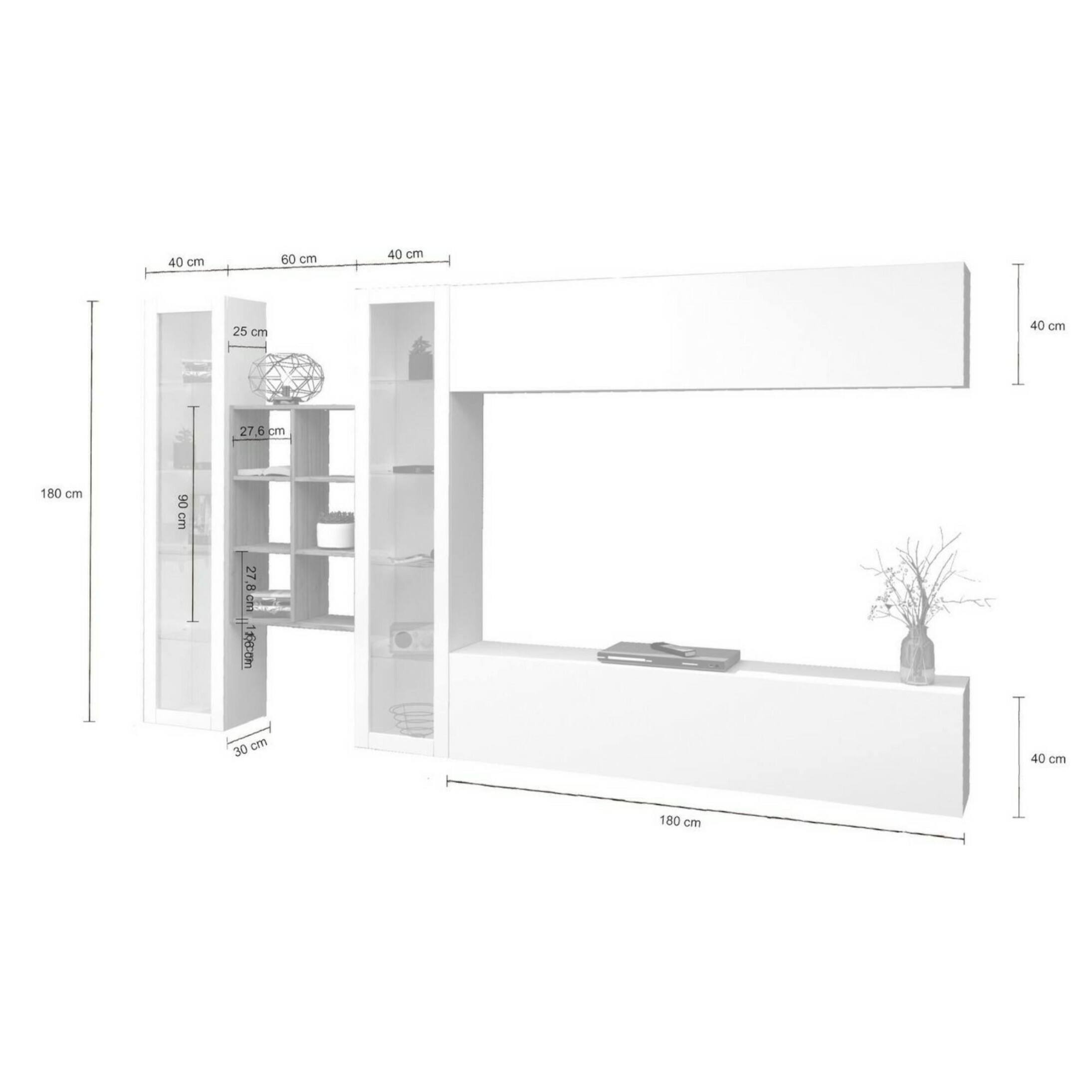 Parete attrezzata Demetrio, Set salotto porta TV a 4 ante, Mobile soggiorno multiuso, 100% Made in Italy, cm 280x30h180, Bianco lucido e Acero