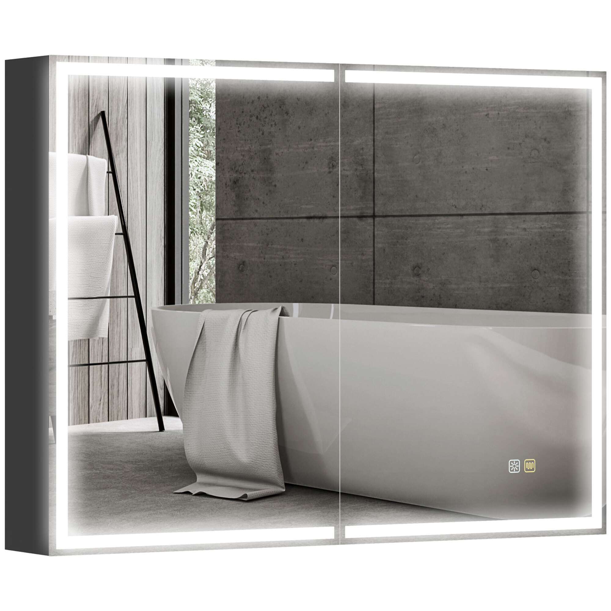 Armoire murale salle de bain  2 portes miroir lumineux LED intégré 60 x 80 cm 2 étagères verre alu noir