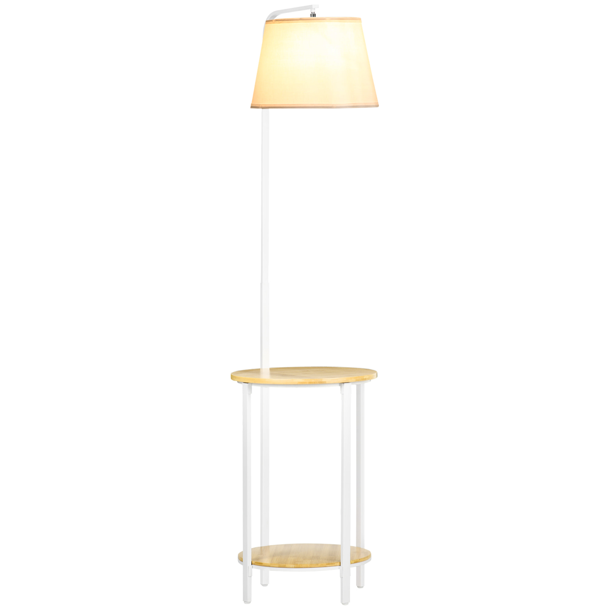 Lampadaire étagères design dim. Ø 37 x 162H cm 40 W max. bois bambou verni métal abat-jour tissu blanc