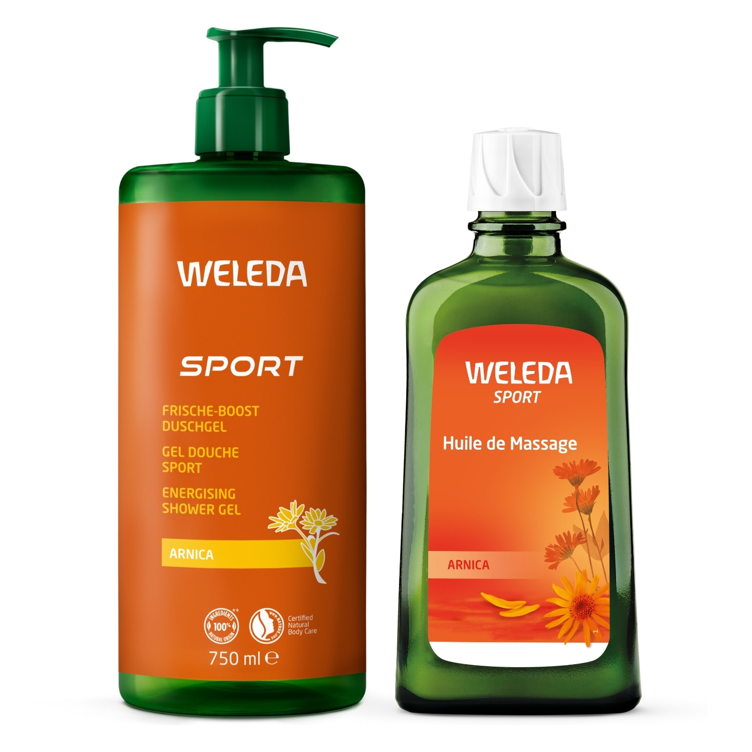 WELEDA - Pack Economique - Huile de Massage Arnica + Gel Douche Sport Arnica - Nettoie, raffraîchit et tonifie - Avant et après l'effort - Vegan* - Certifié Natrue** - Flacon en verre 200ml + Flacon pompe 750ml