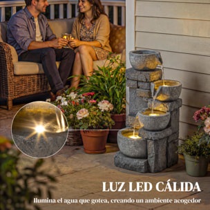 Fuente de Agua Decorativa con Iluminación LED y Bomba, Fuente de Jardín Exterior en Cascada de 4 Niveles, Flujo Ajustable, Resistente a la intemperie, para Jardín, Terraza, Patio, Gris