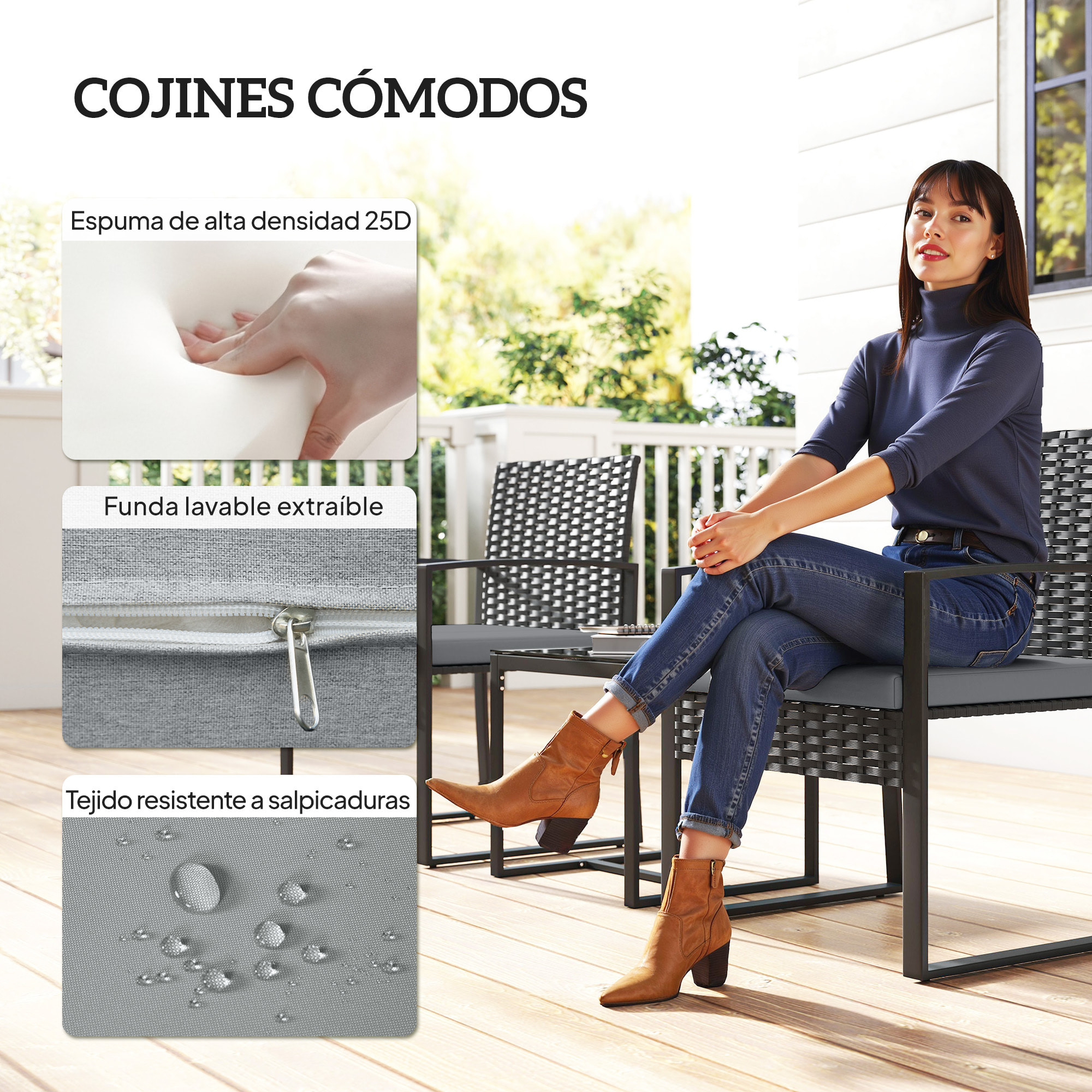 Conjunto de Jardín Exterior de 3 Piezas, Muebles Jardín Exterior de Ratán con 2 Sillas con Cojines Lavables y Mesa de Vidrio Templado, Resistente a Intemperie, para Balcón, Patio, Gris Claro