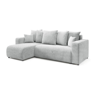 GLORIA - Canapé d'angle gauche convertible 4 places en tissu gris clair