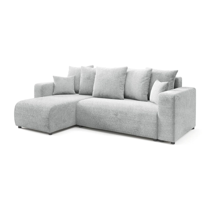 GLORIA - Canapé d'angle gauche convertible 4 places en tissu gris clair