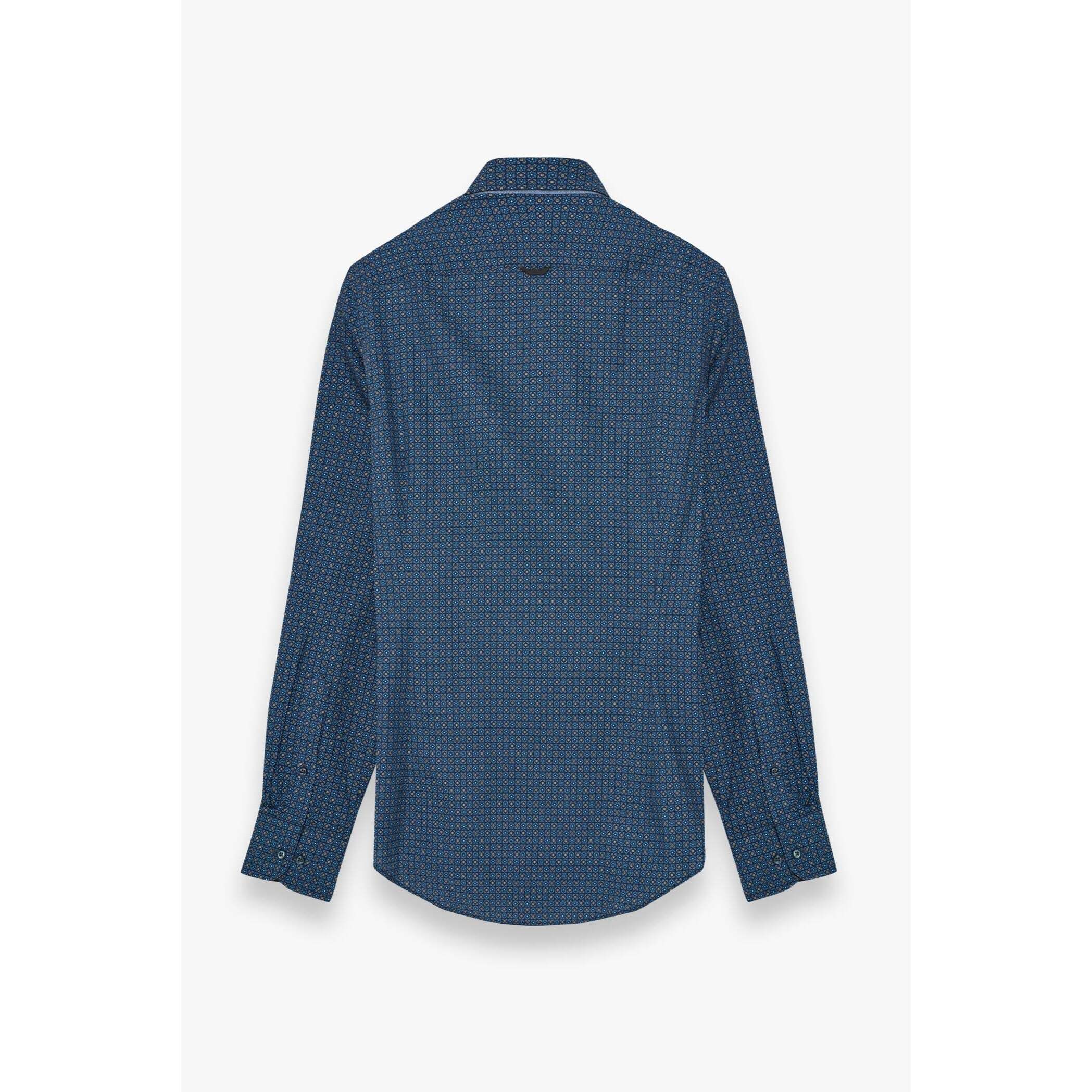 Camicia Uomo 1 Bottoni Button Down Slim Popeline Stampato Blu e Ocra