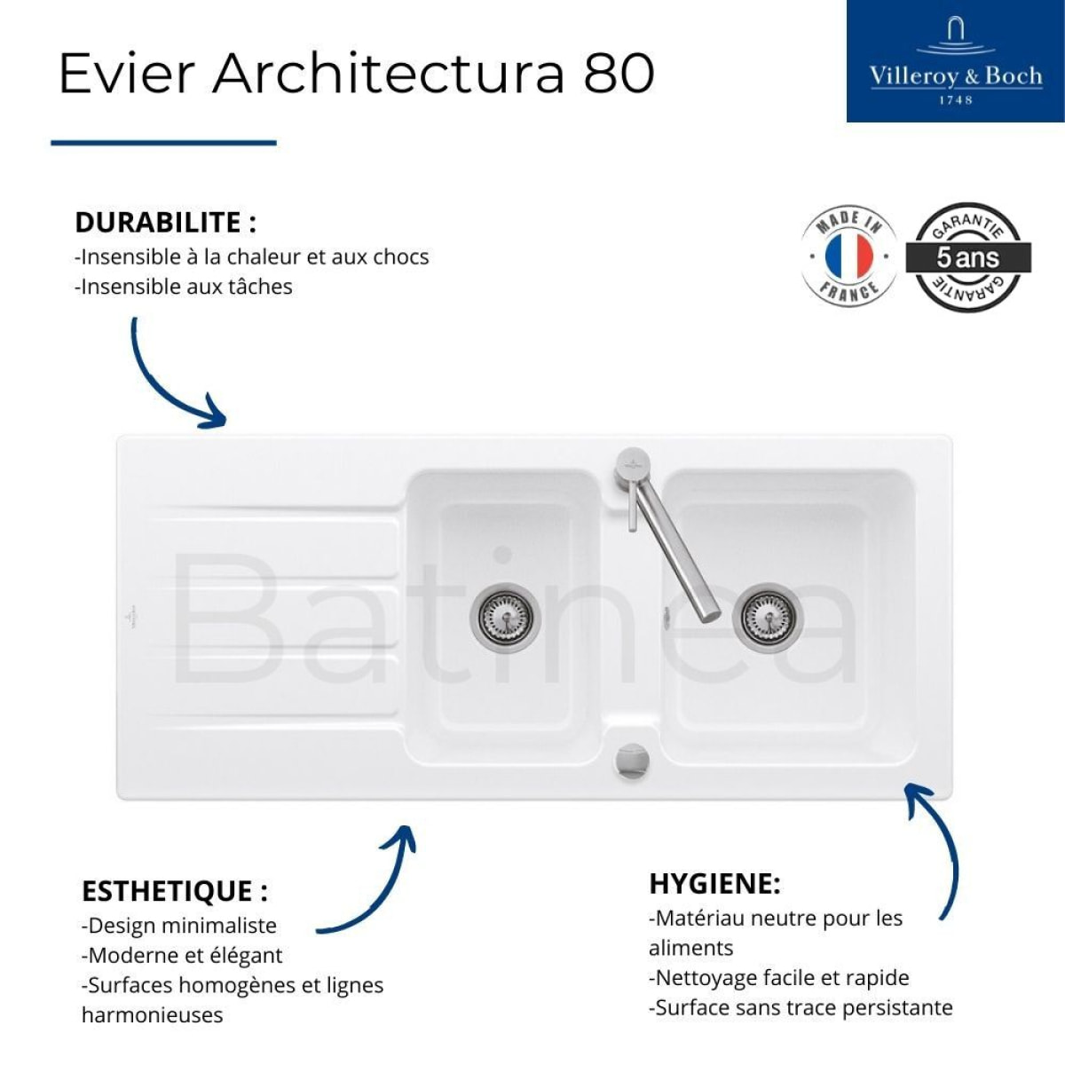 Evier 116 x 51 cm  Architectura 8 Blanc + Robinet cuisine GROHE Bauloop