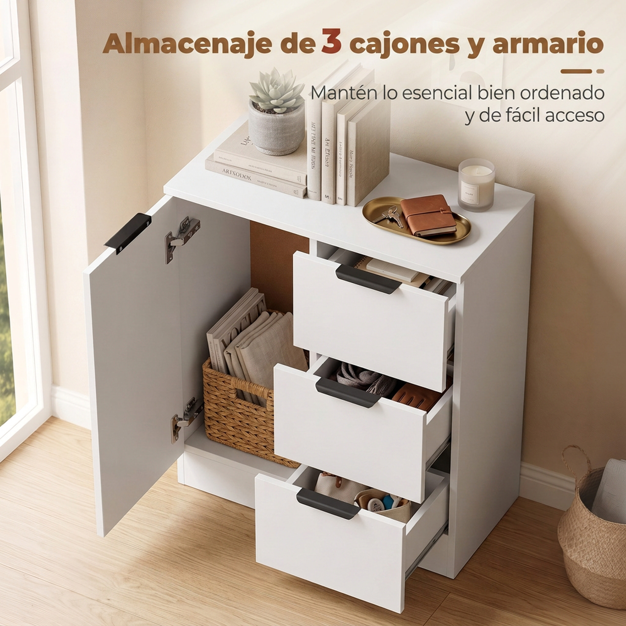 HOMCOM Aparador, Aparador de Salón Estrecho con 3 Cajones y Puerta de Cierre Suave, Armario de Cocina de Almacenaje Moderno, para Entrada, Comedor, 60x30x70 cm, Blanco