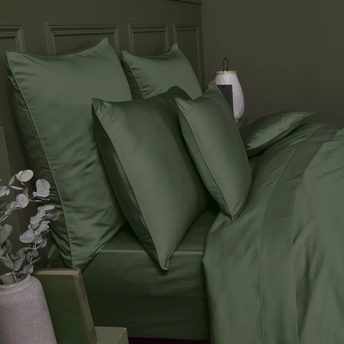 Lot de 2 taies satin de coton uni vert Ava uni sauge