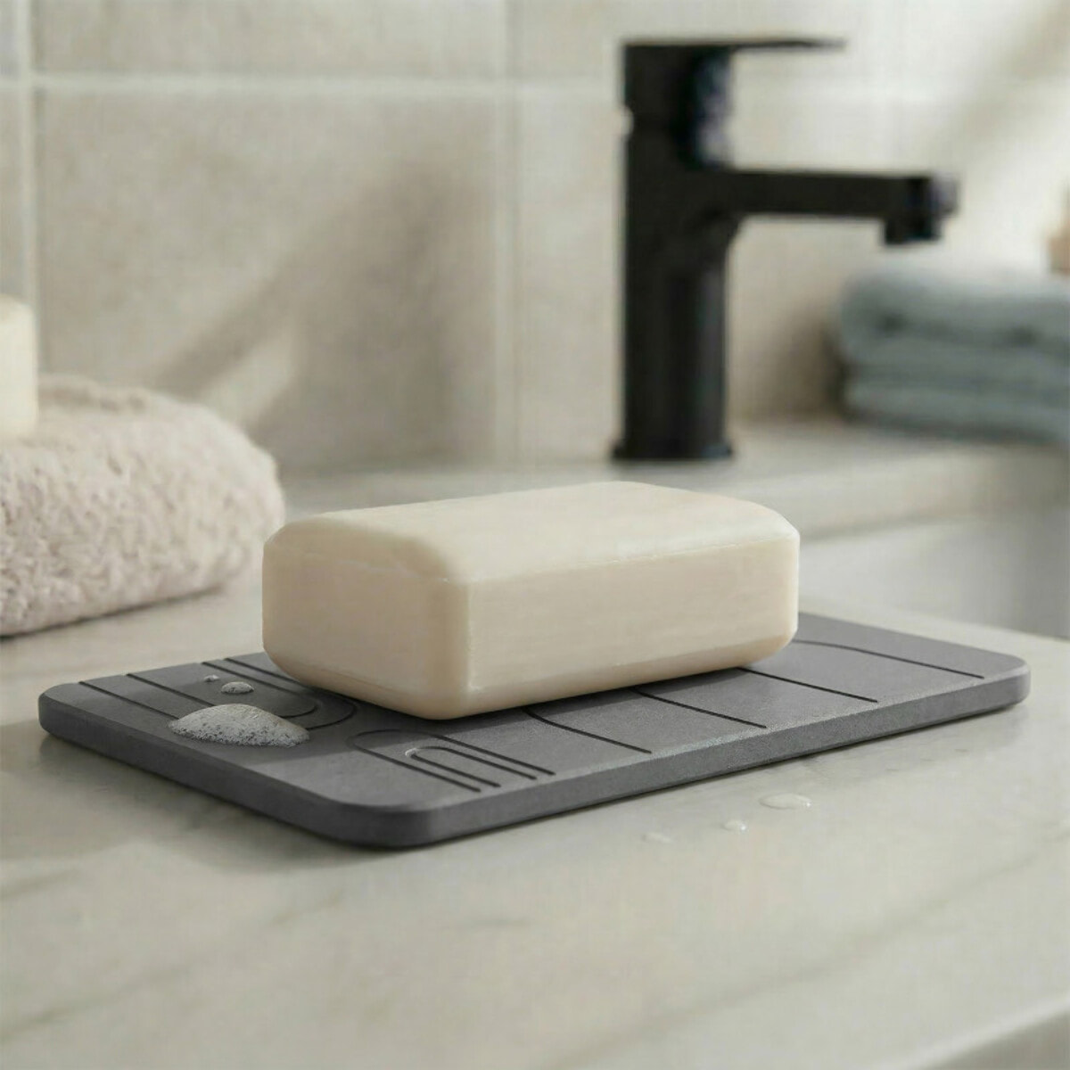 Porte-savon CASEY en diatomite gris foncé à lignes gravées 13 x 8 cm – Absorbant et séchage rapide