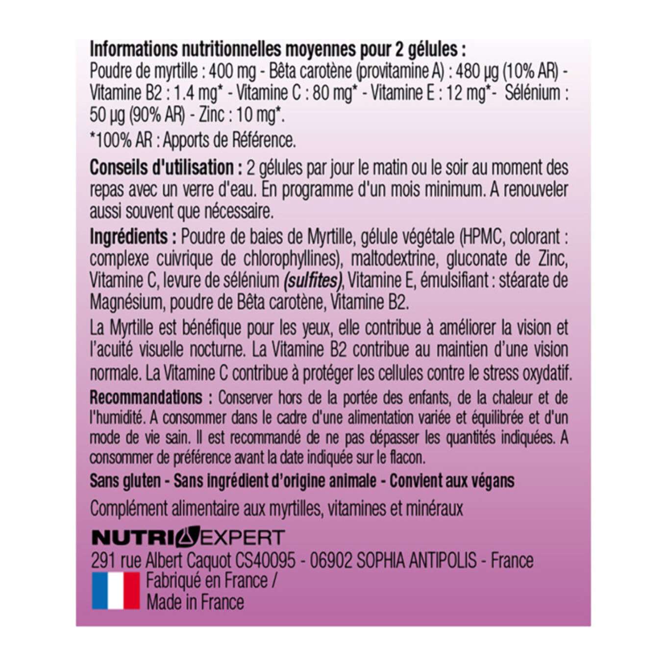NUTRI EXPERT - Vision Plus - Soutient la santé oculaire - Améliore la vision et l'acuité visuelle - Protège du vieillissement oculaire - 60 gélules végétales - Marque Française - Cure 30 jours - Lot de 2