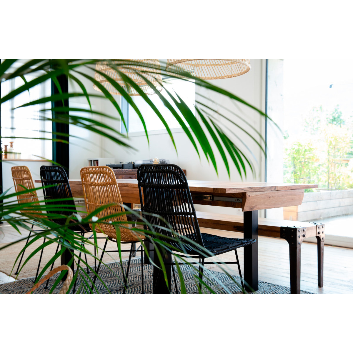 Banc industriel en bois manguier massif et métal noir L180 cm MADISON