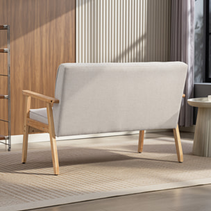 Sofá de 2 Plazas, Tapizado en Lino Sintético, Sofá Nórdico con Patas y Reposabrazos de Madera de Caucho, Respaldo Acolchado, para Salón, Dormitorio, Oficina, Sala de Estar, 113x67x78 cm, Beige