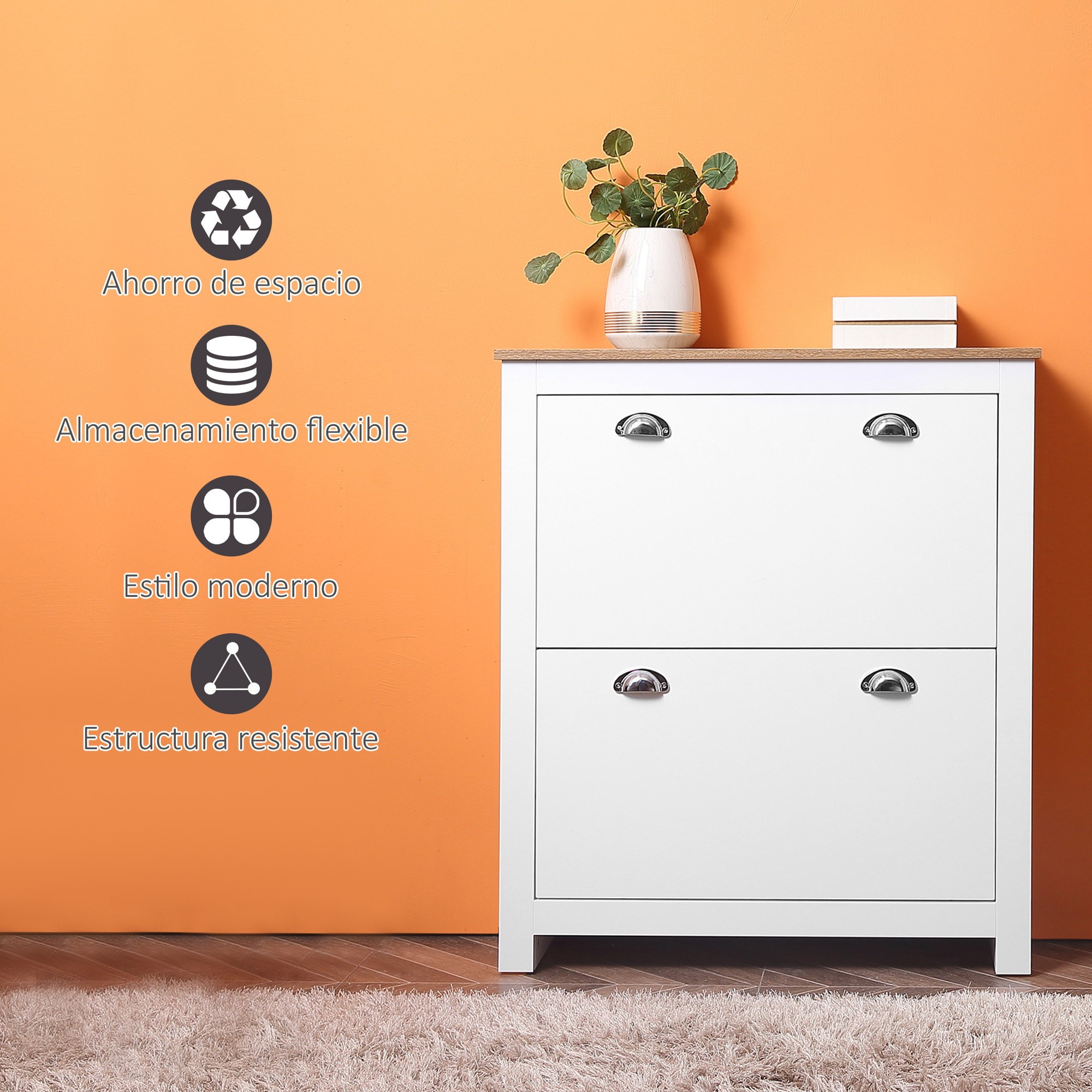 Mueble Zapatero Estrecho Zapatero Entrada Recibidor con 2 Cajones Abatibles Estantes Ajustables para 12 Pares de Zapatos para Pasillo 79x23x90,5 cm Blanco