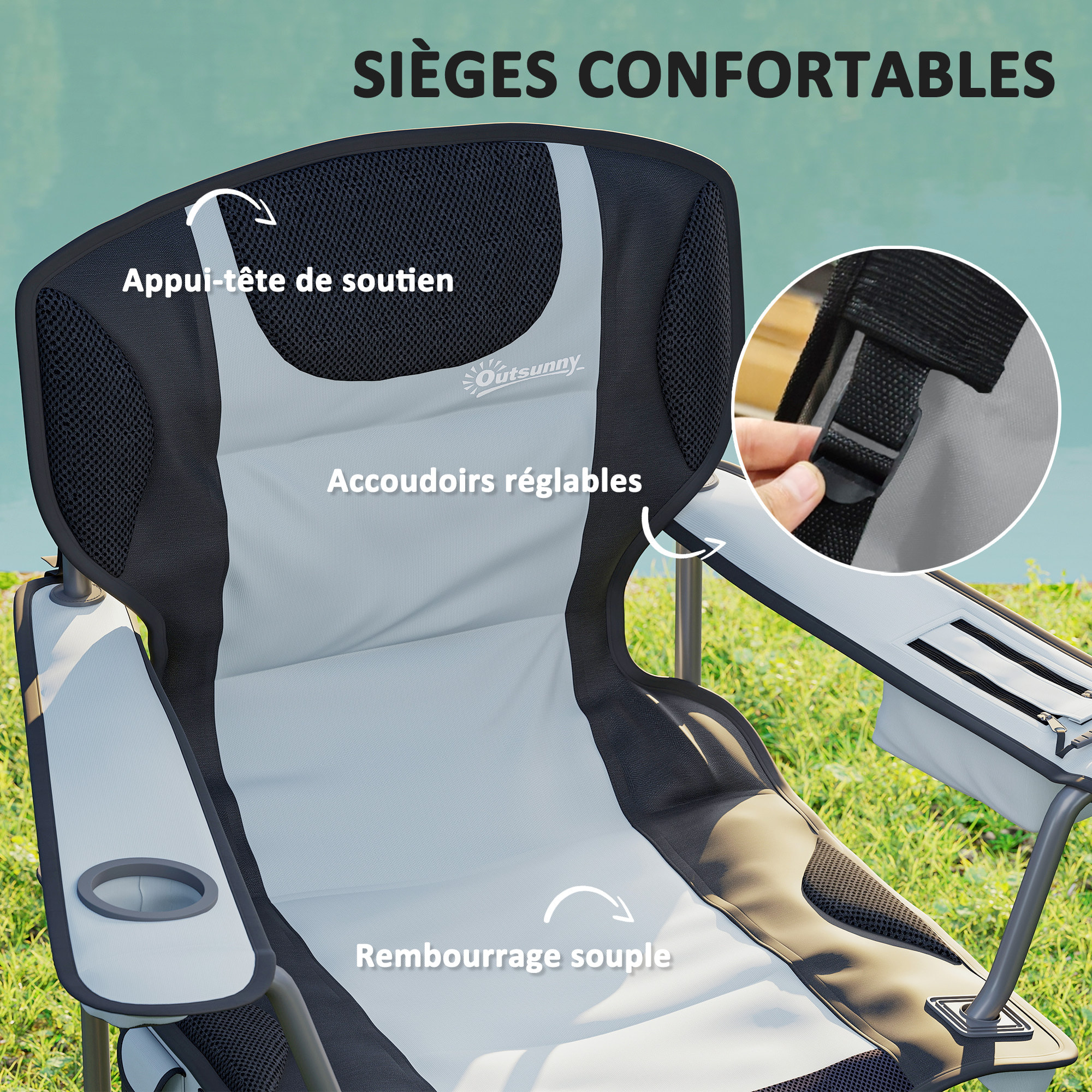 Chaise de camping pliante rembourrée - porte-gobelets, poches latérales rangement, sac isotherme - sac transport inclus - gris noir