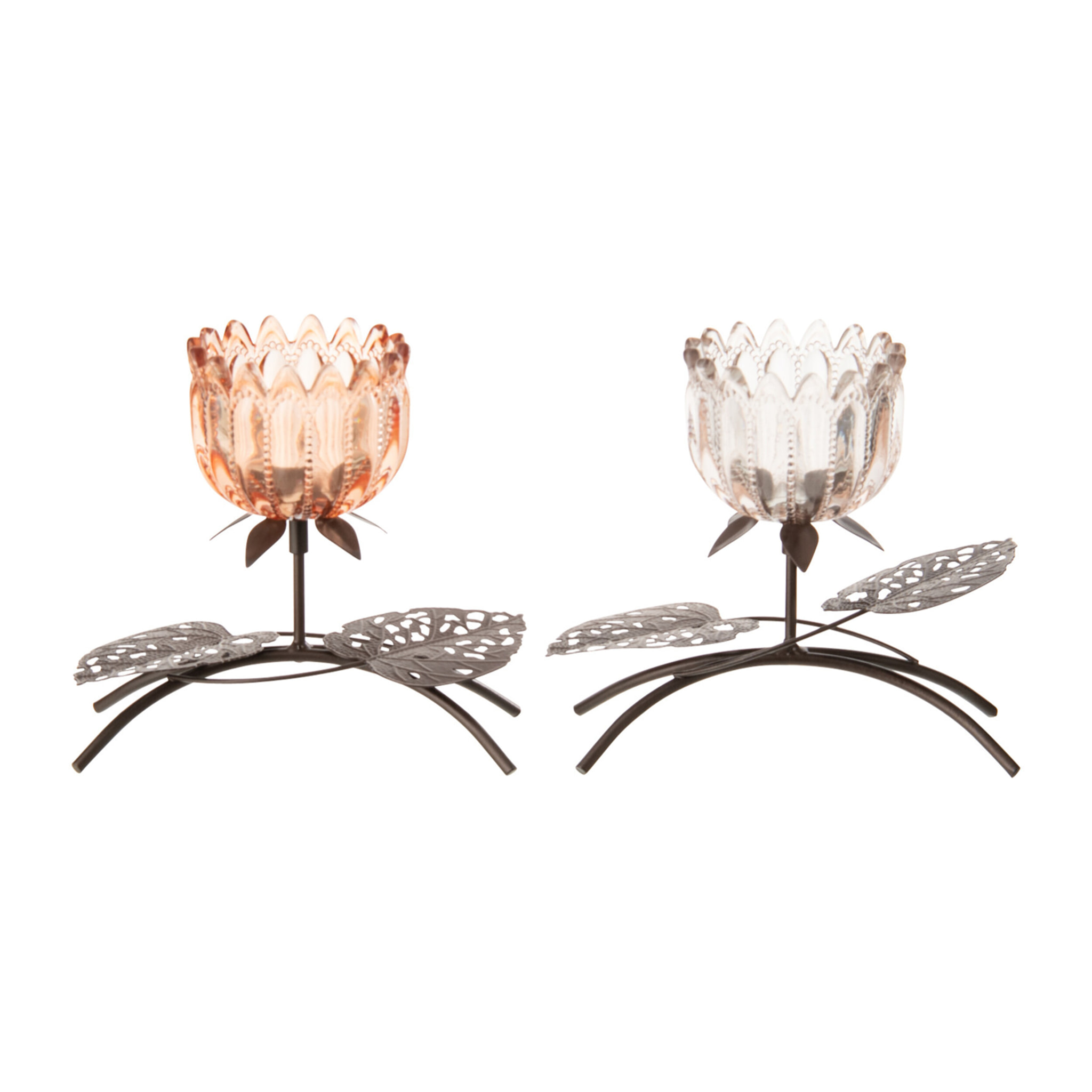 J-Line Photophore Fleur - métal/verre - rose clair/orange - small - 2 pièces
