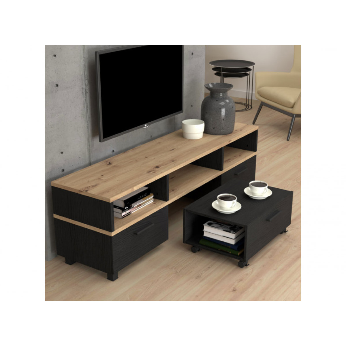 Meuble TV avec table basse intégré sur roulettes - 2 coloris - LAKE