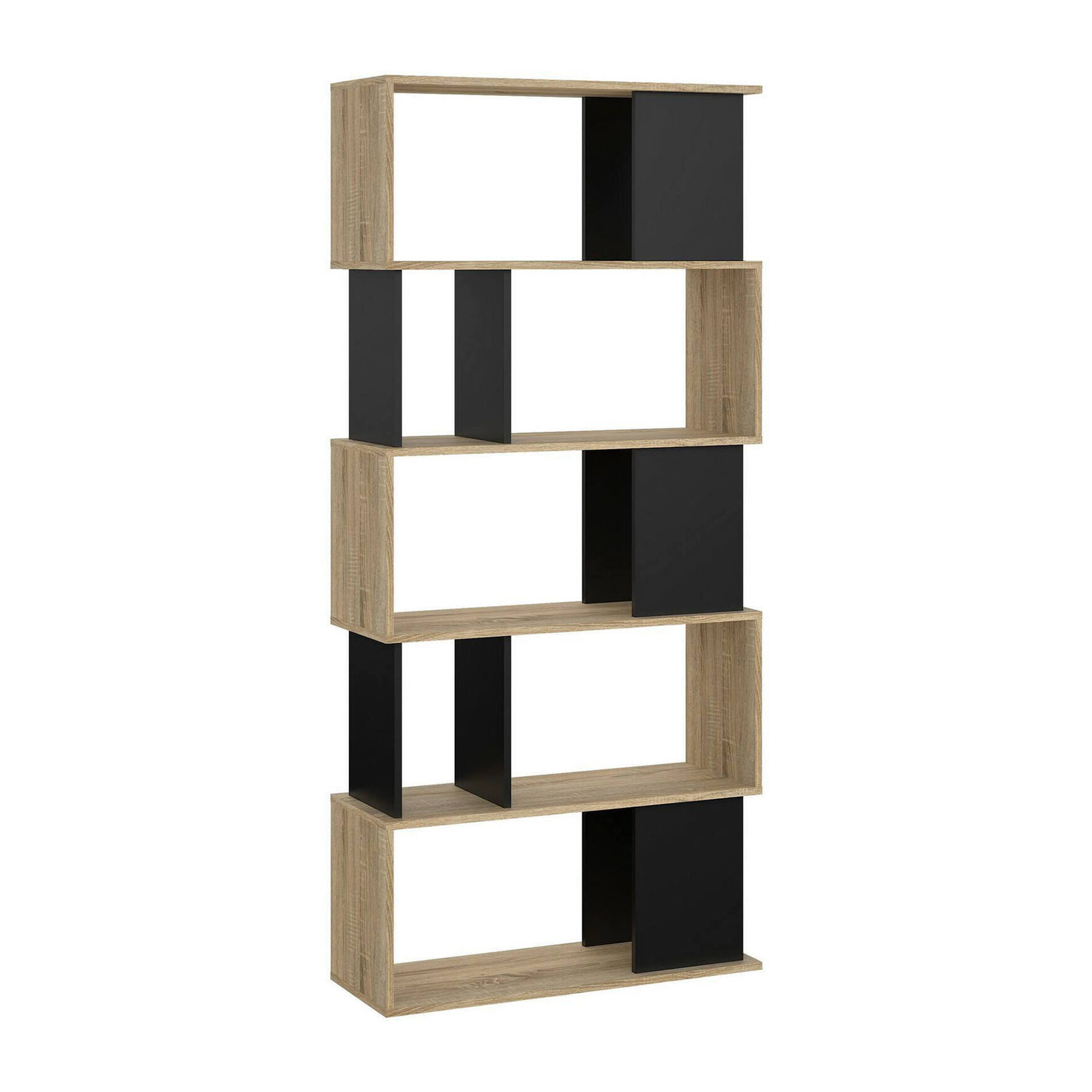 Libreria con cinque ripiani asimmetrici, colore rovere e nero, Misure 80 x 175 x 29 cm