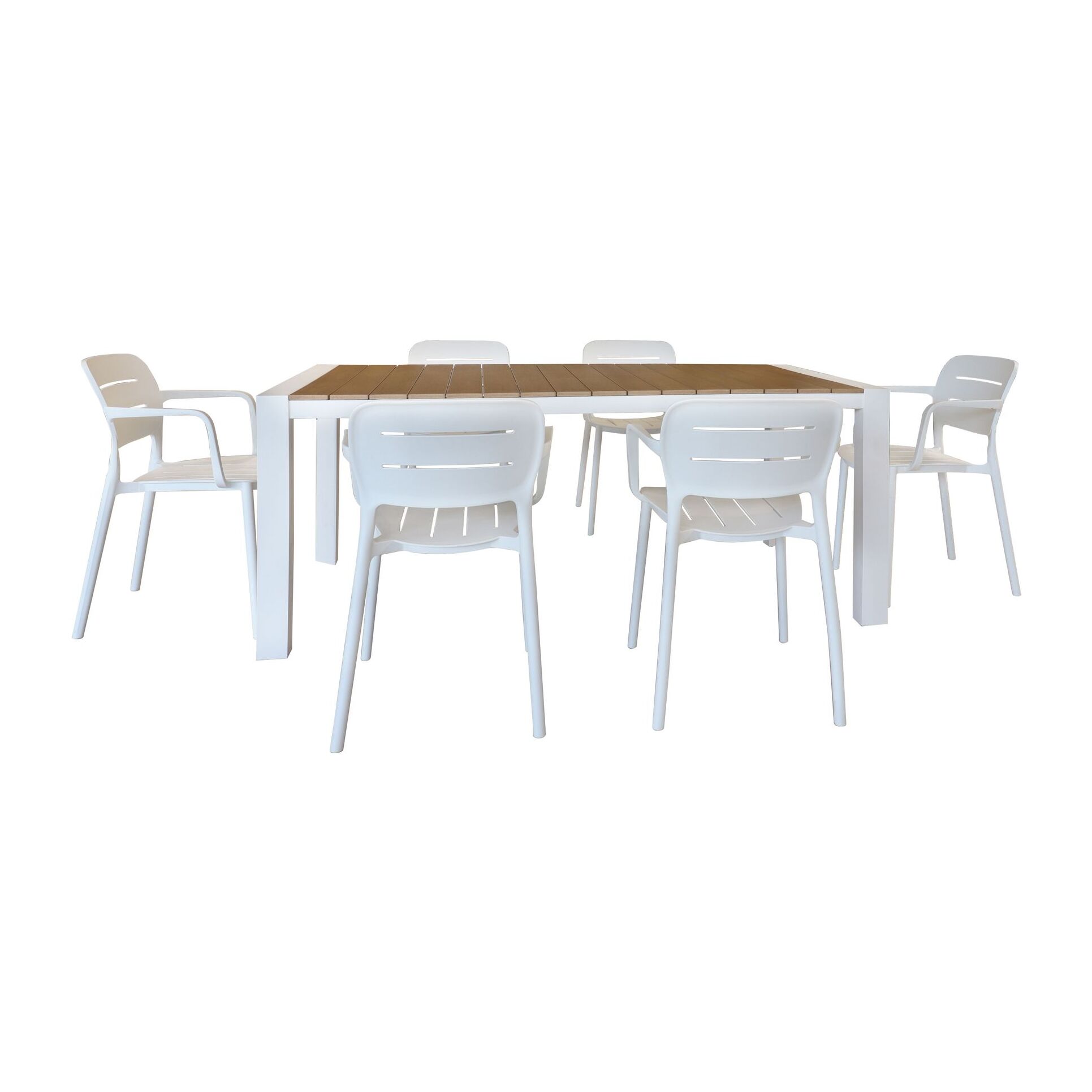 ENSEMBLE DE JARDIN TABLE NATUREL/BLANC 180CM AVEC 6 FAUTEUILS BLANC BASUN