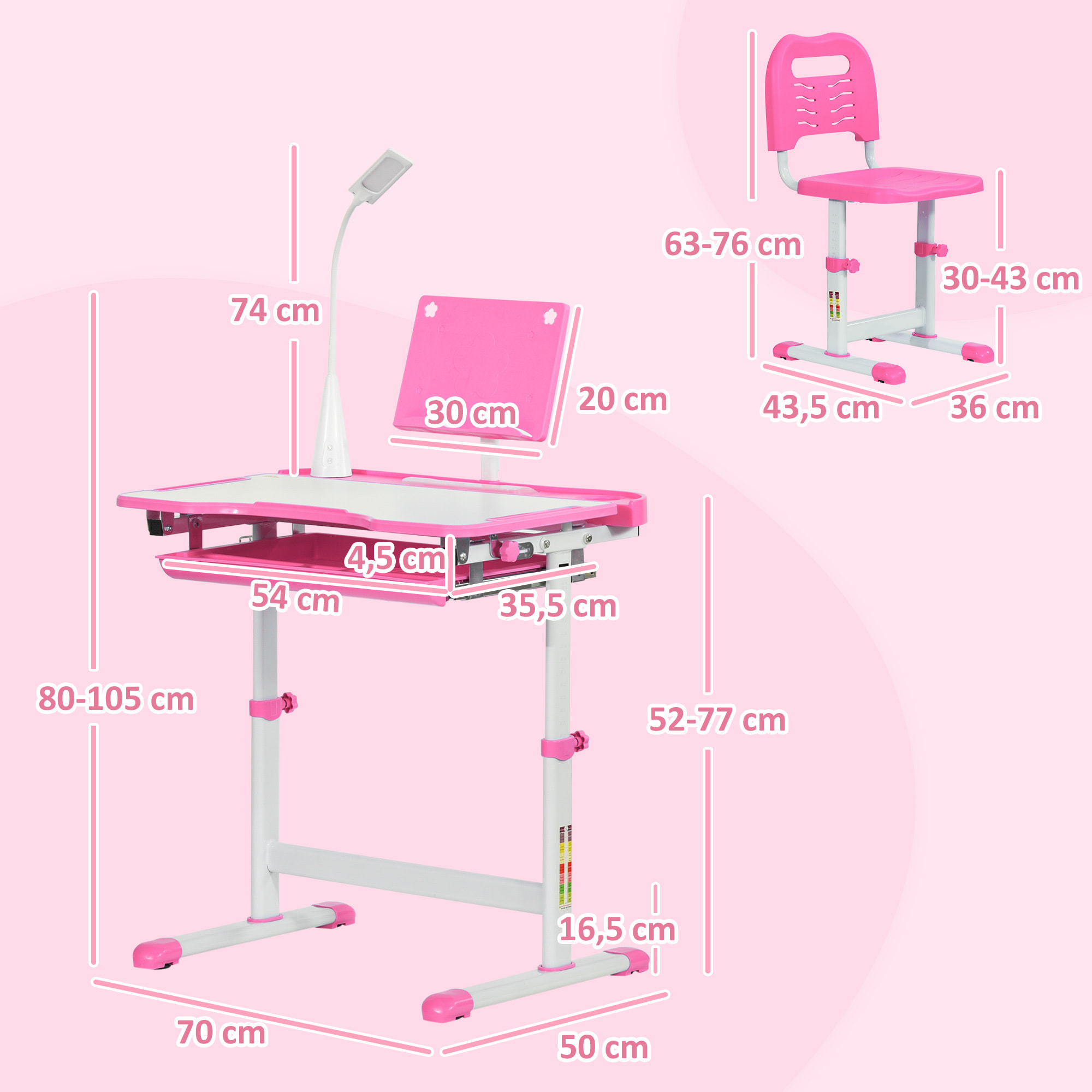 Bureau enfant avec chaise - ensemble bureau et chaise réglable - lampe, support de lecture, tablette coulissante multi-rangement - gris blanc
