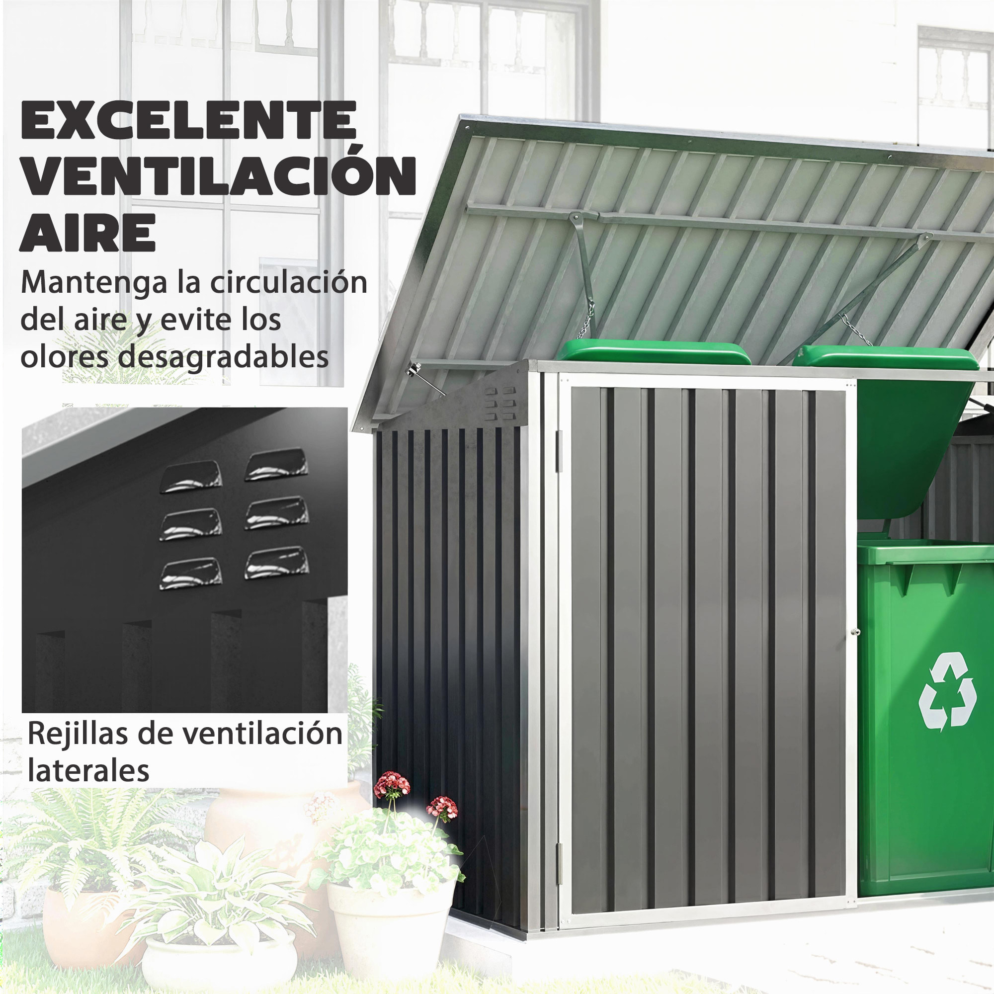 Cobertizo para Contenedor de Basura Doble, Caseta para Cubo de Basura de Acero Galvanizado con Tapa Abatible y Puertas Doble, para Jardín, Exterior, 179,5x108x129,5 cm, Gris Oscuro