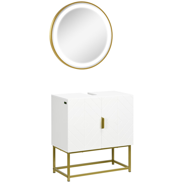 Conjunto de Baño Juego de Mueble para Debajo del Lavabo con Patas de Acero y Espejo de Baño con Luz LED Interruptor Táctil 60x30x65 cm Ø60x4 cm Blanco y Dorado