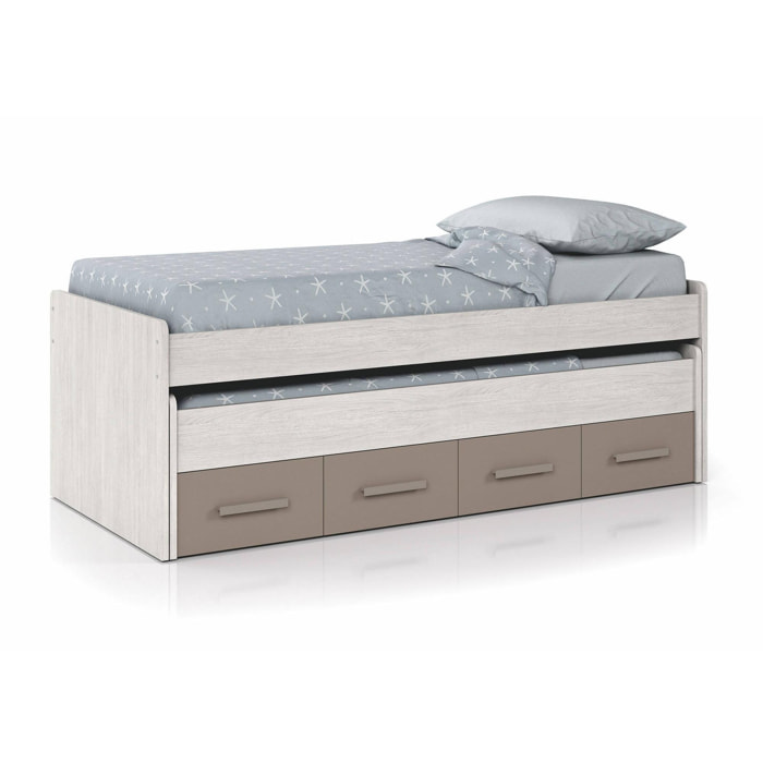 Letto singolo Spokane, Struttura letto per cameretta, Letto singolo con lettino estraibile e 4 cassettoni, cm 198x96h69, Bianco e Marrone