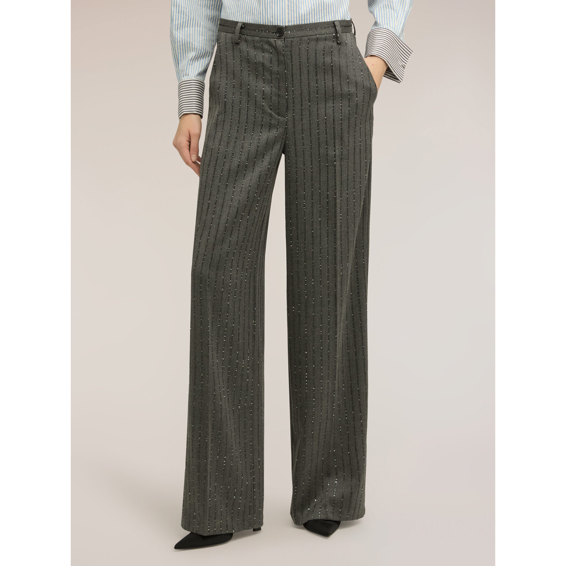 Motivi - Pantalones palazzo de rayas con micro lentejuelas - Gris
