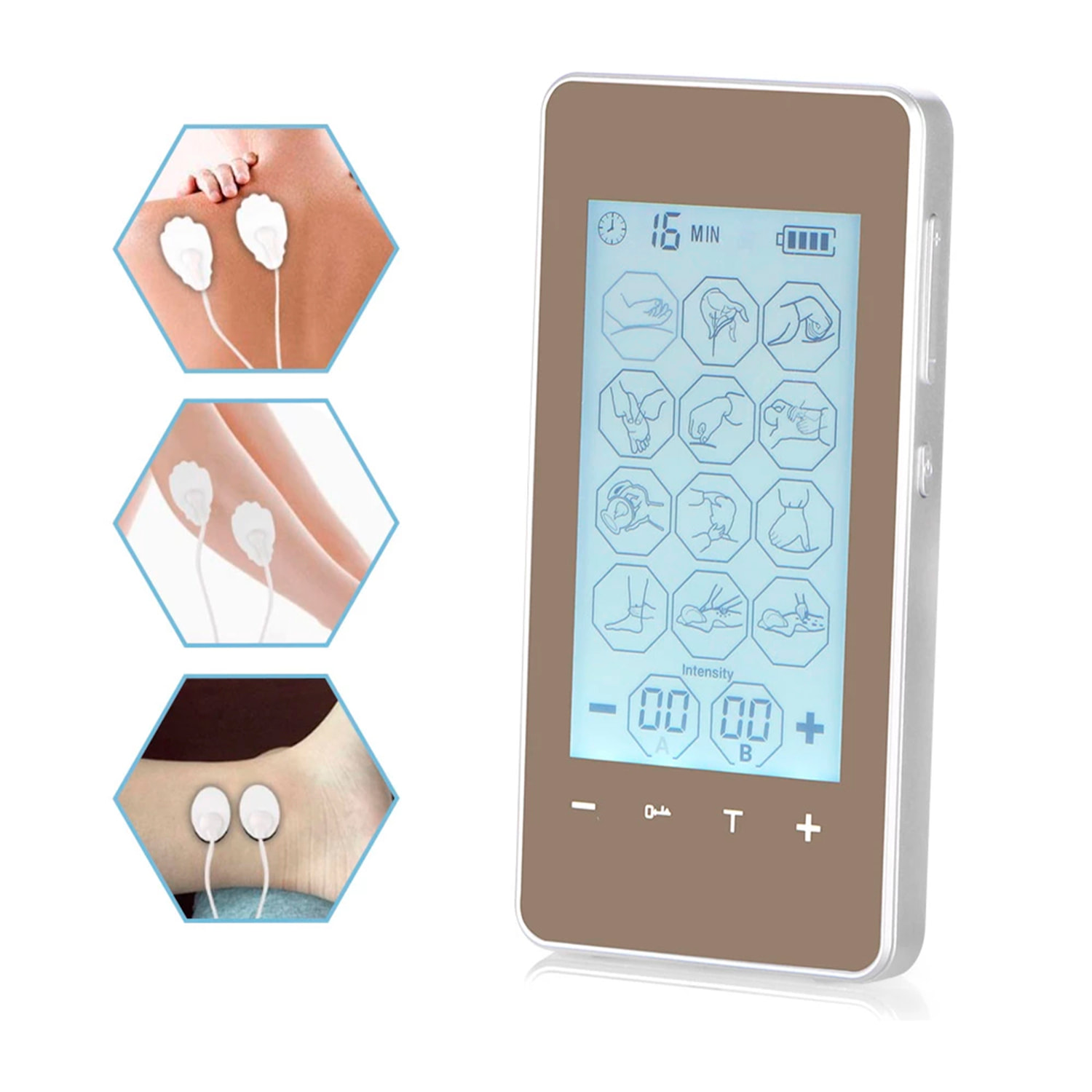 DAM EMS Electroestimulador muscular MHD-12CMP portátil. 15 modos, 40 intensidades, 2 canales duales. Tamaño compacto, alimentación con pilas. 6,5x1,2x13 Cm. Color: Plata