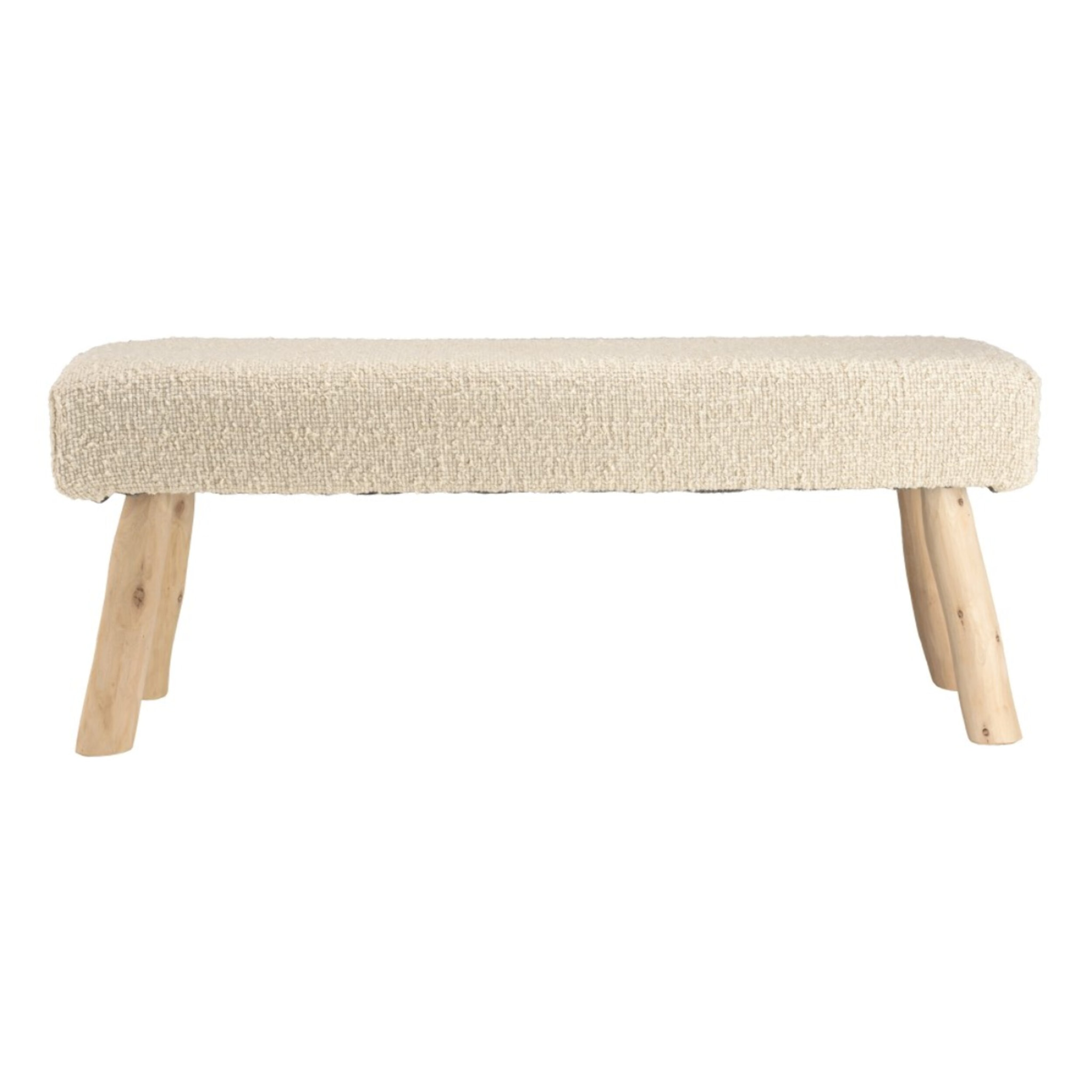 SACHA - Banc 120x40cm en laine texturée ivoire pieds en bois naturel
