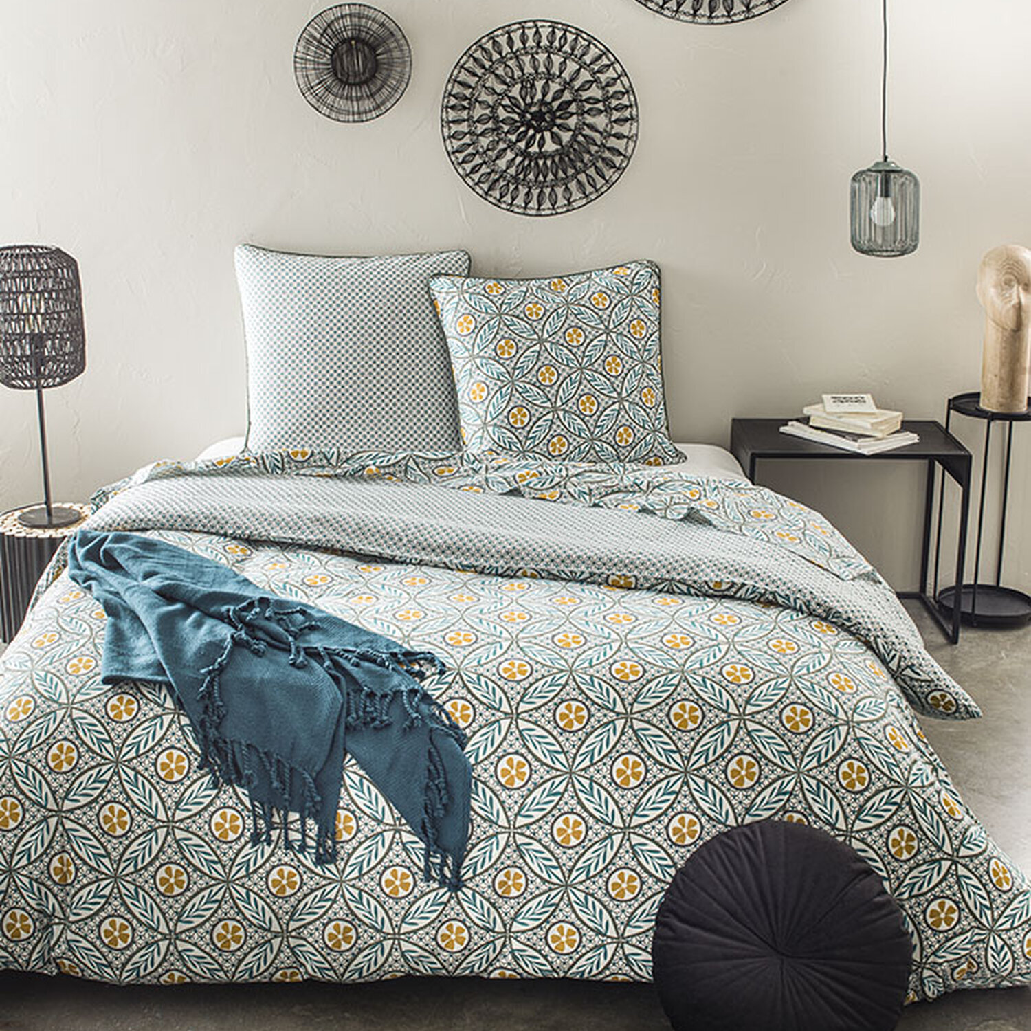 Parure housse de couette percale de coton bleu
