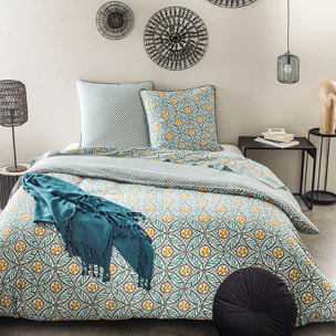 Parure housse de couette percale de coton bleu