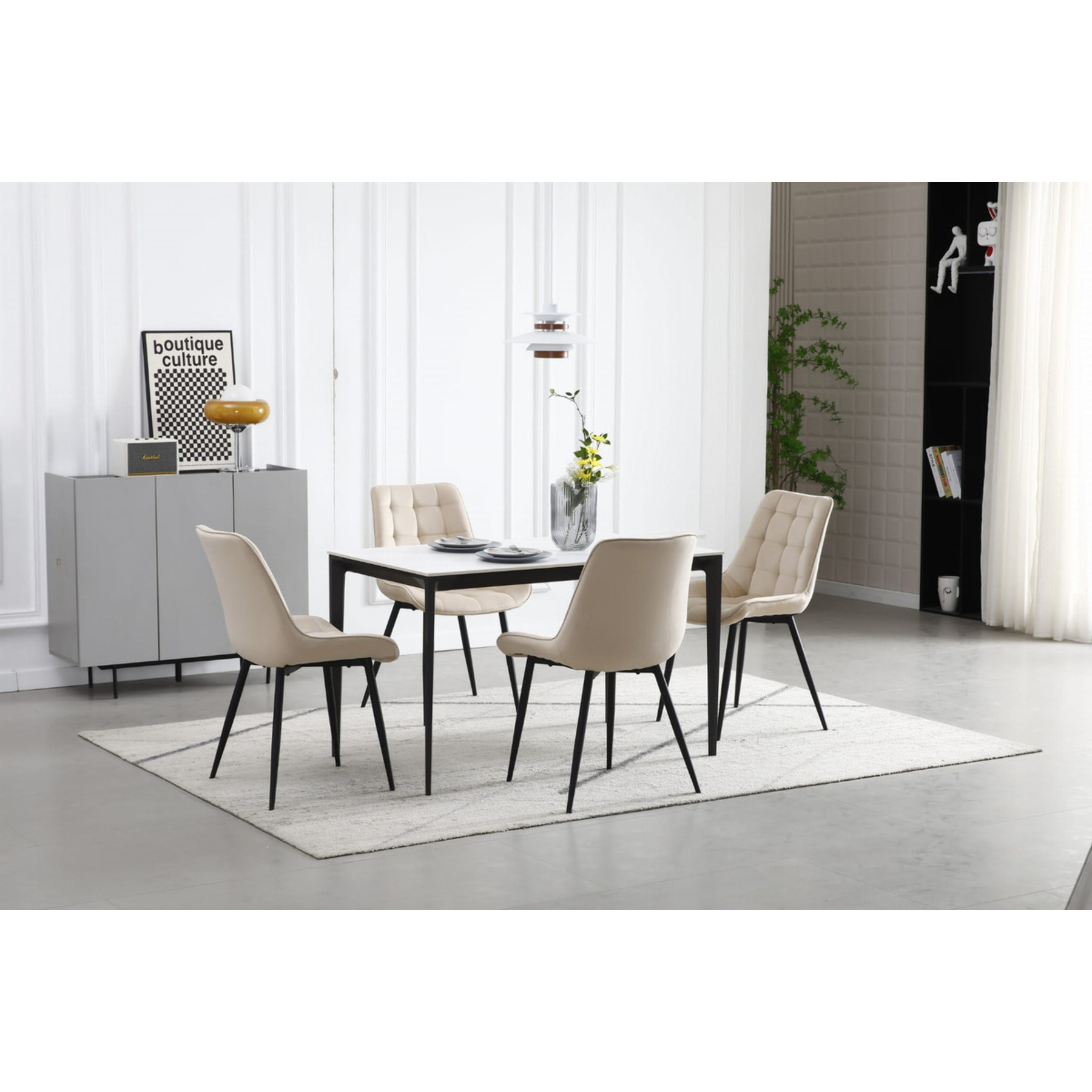 Set di 4 Sedie Bera in Velluto Beige con Gambe Nere