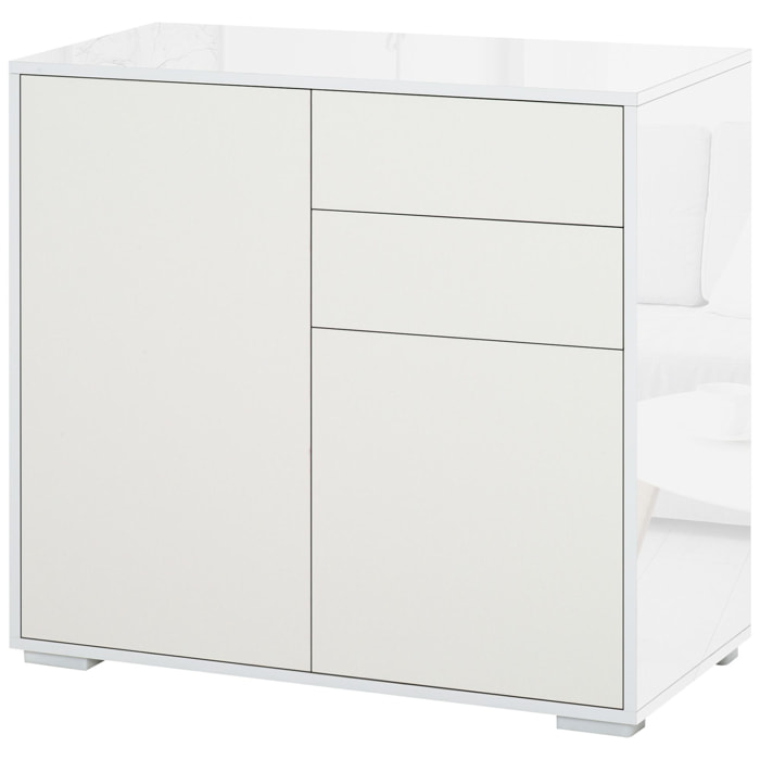 Aparador para Cocina con 2 Puertas 2 Cajones Marco de Blanco Brillante Estante Ajustable Apertura a Presión Armario de Almacenamiento para Dormitorio Salón 79x36x74 cm Blanco