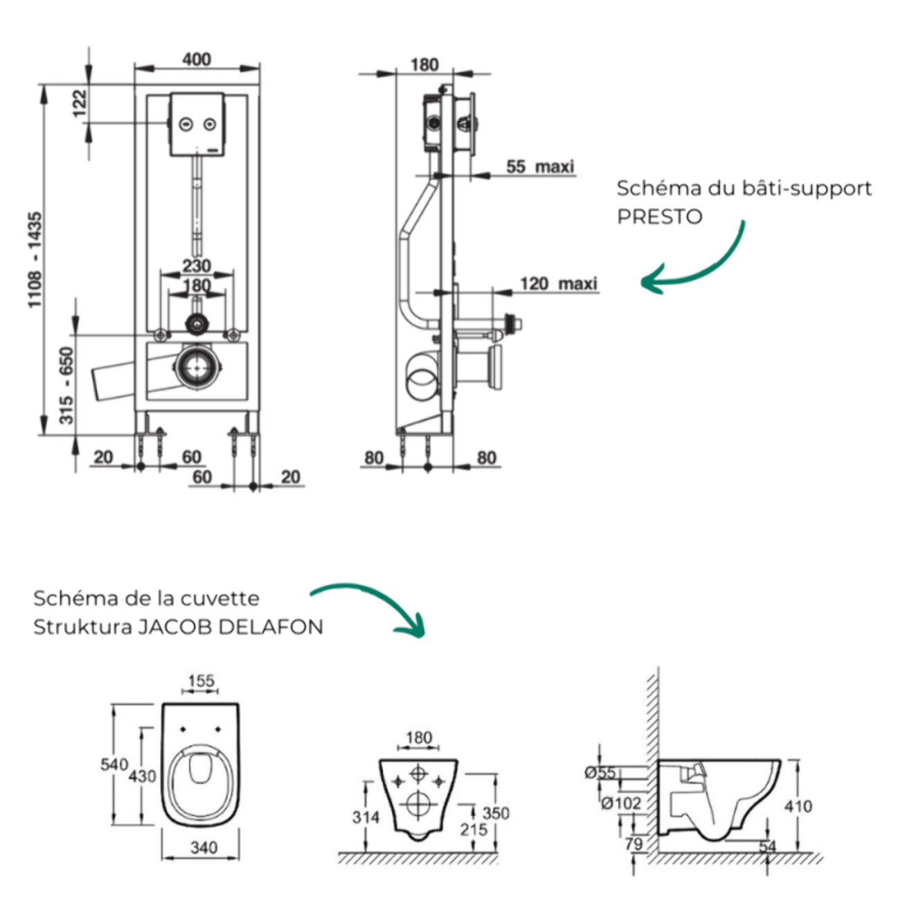 Pack WC suspendu sans bride Struktura + Abattant + Bâti-support autoportant PRESTO + Plaque chromée