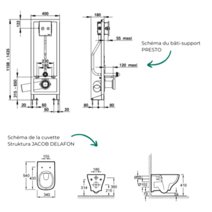 Pack WC suspendu sans bride Struktura + Abattant + Bâti-support autoportant PRESTO + Plaque chromée