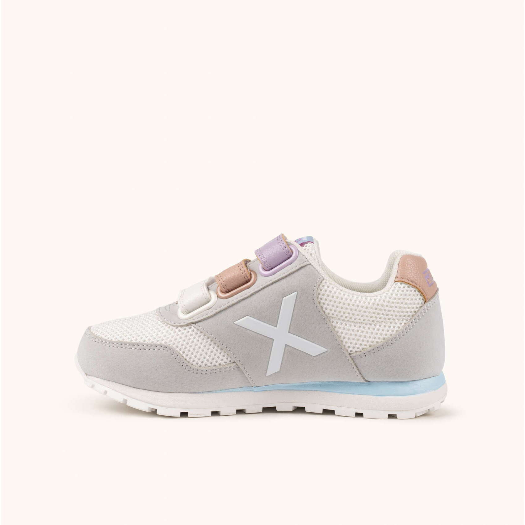 MUNICH DASH KID VCO 2.0 175 Zapatilla Retro Running Infantil Gris con Triple Velcro Pastel y Detalles Azules y Rosas