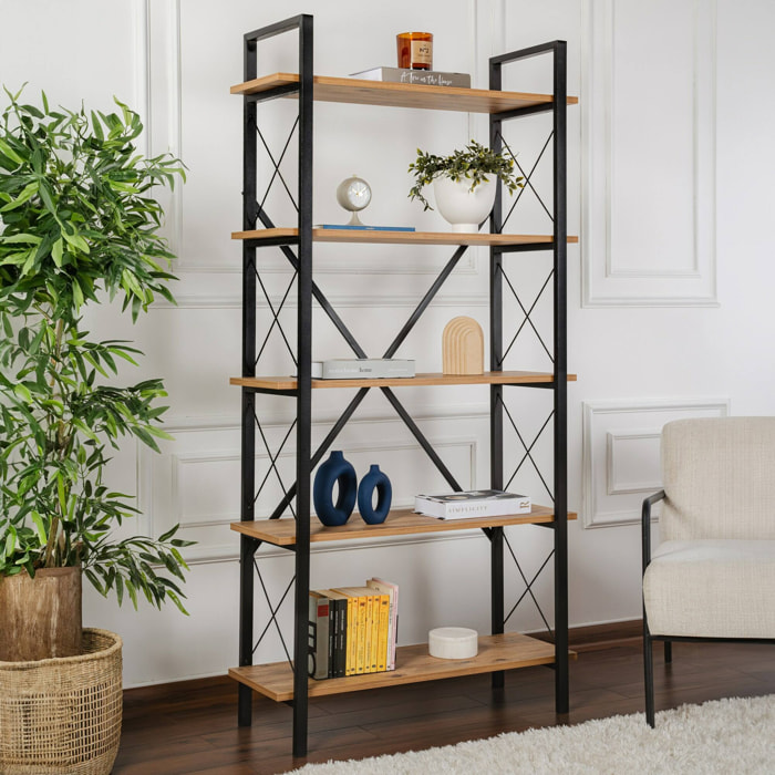 Libreria Suriel, Scaffale da ufficio, Mobile portalibri, Biblioteca, 90x34 h180 cm, Pino e Nero