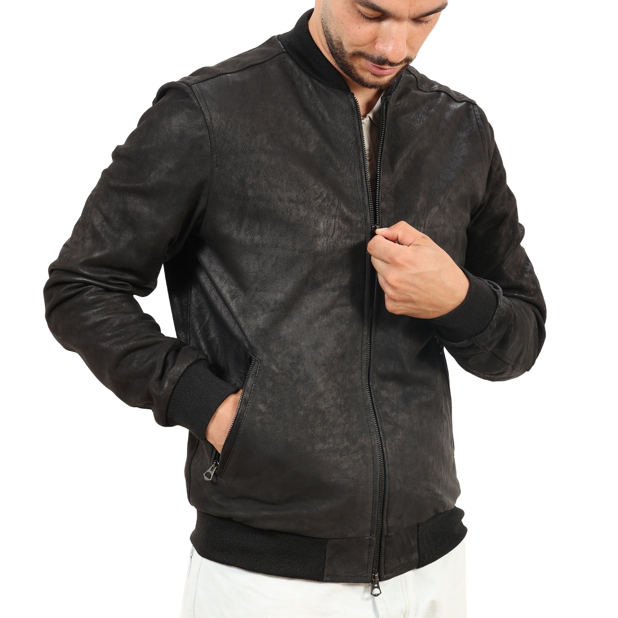 Giubbino in vera pelle di vitello rifinizione dakota Nero-Slim Fit