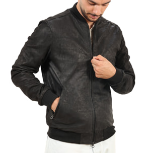 Giubbino in vera pelle di vitello rifinizione dakota Nero-Slim Fit