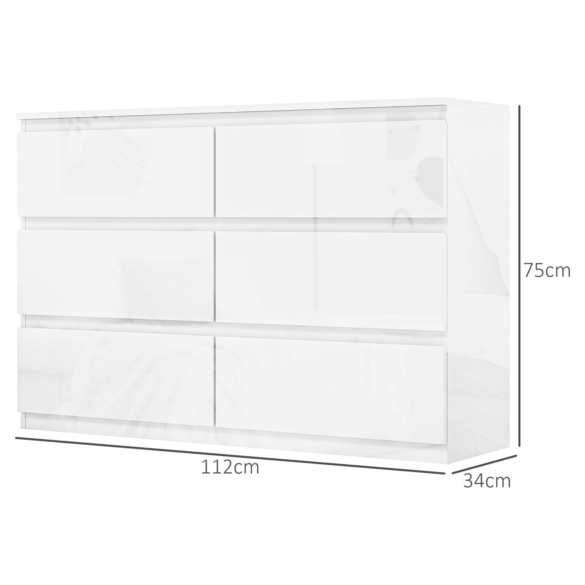 Cómoda con 6 Cajones Cómoda de Dormitorio Moderno con Diseño Anti-vuelco Cajonera para Salón Pasillo 112x34x75 cm Blanco Brillo