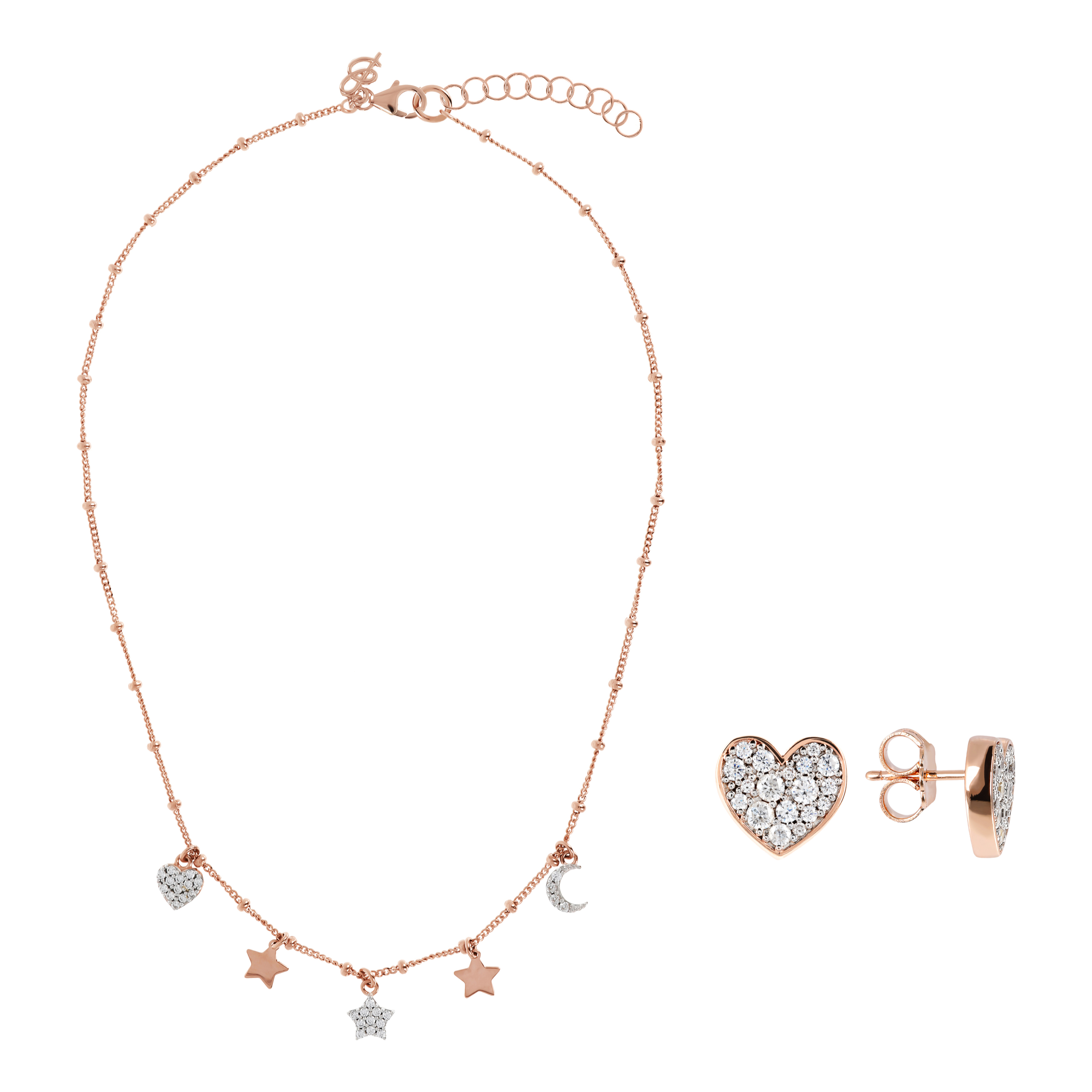 Set Collana con Charms e Orecchini Cuore Pavé in Cubic Zirconia Bianche