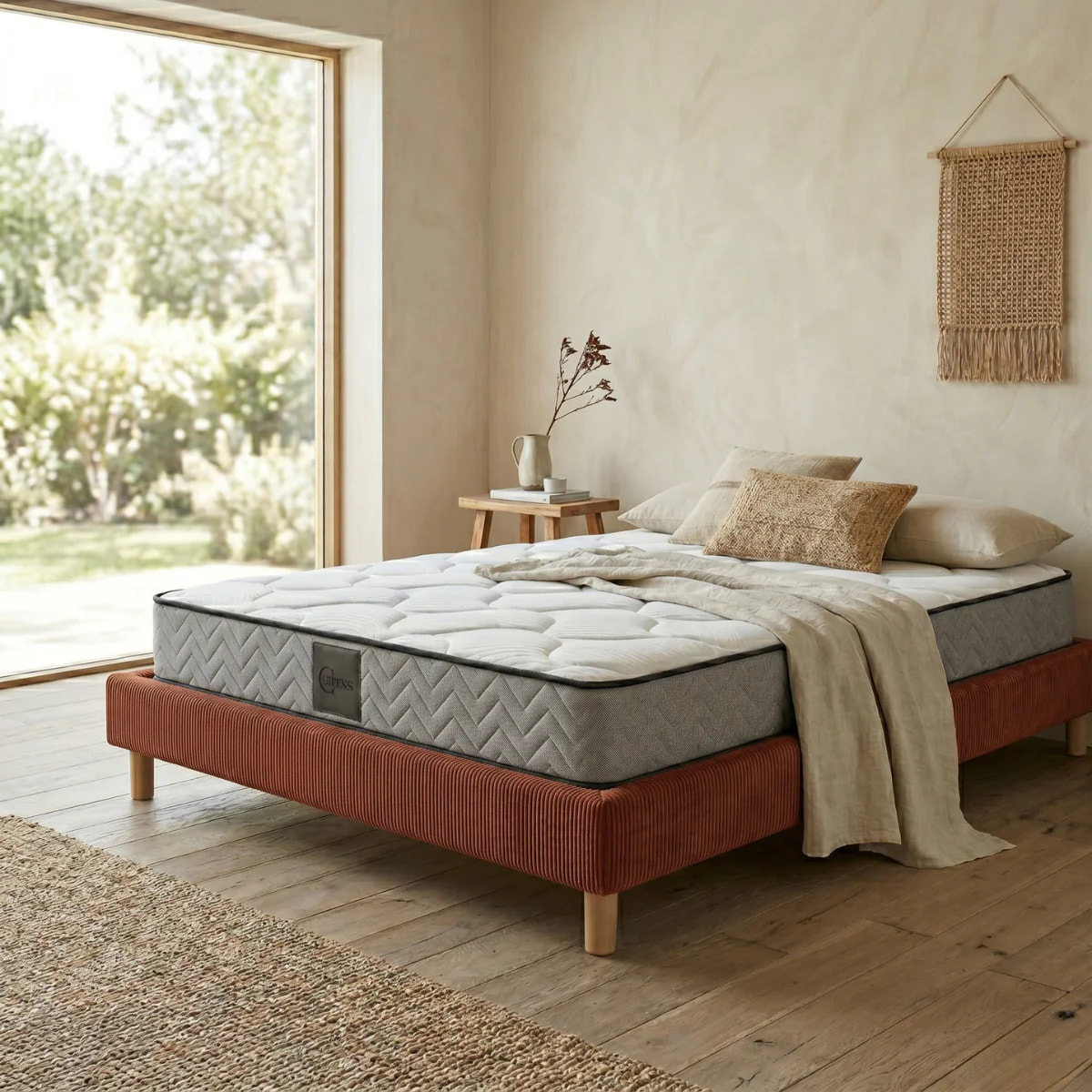 Ensemble matelas Univers & sommier Cancun | Mémoire de forme et ressorts ensachés | Cadre à lattes | Velours côtelé | Terracotta