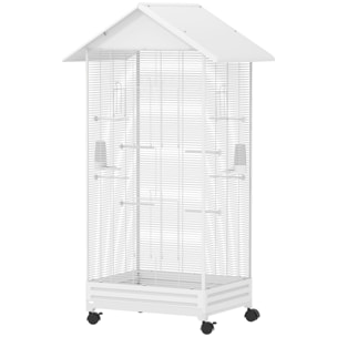 Cage à oiseaux sur roulettes tiroir amovible acier blanc