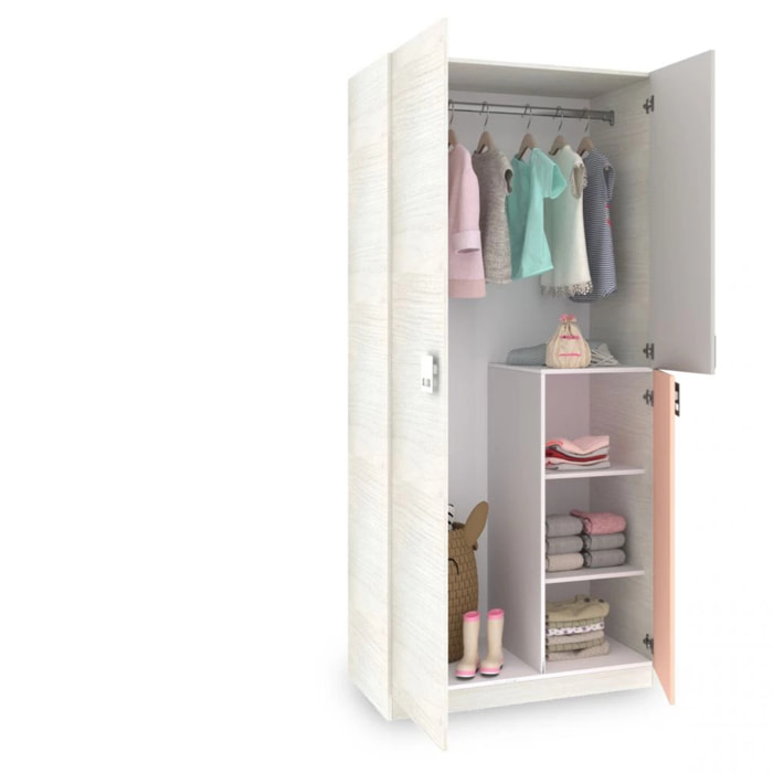Armario juvenil Kenia Blanco Alpes - Rosa y Gris