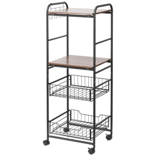 HOMCOM Carro de Cocina con Ruedas Carrito Auxiliar de Almacenaje con 2 Estantes 2 Cestas Extraíbles y 4 Ganchos para Comedor Baño 40x38x111 cm Nogal y Negro