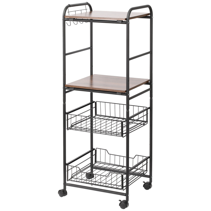 HOMCOM Carro de Cocina con Ruedas Carrito Auxiliar de Almacenaje con 2 Estantes 2 Cestas Extraíbles y 4 Ganchos para Comedor Baño 40x38x111 cm Nogal y Negro