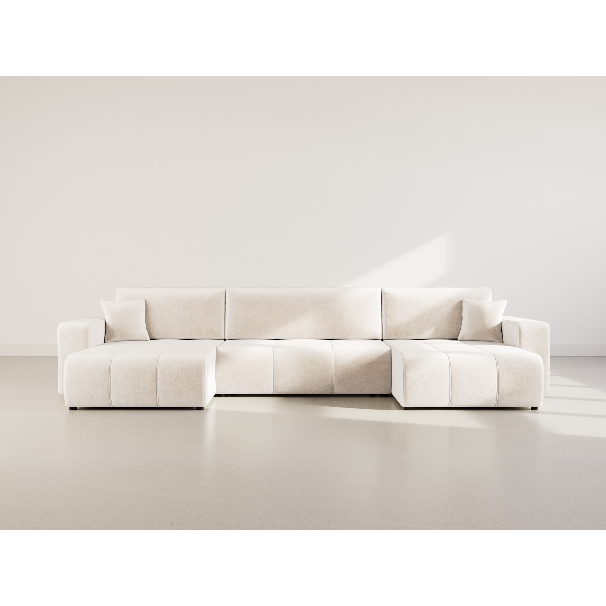 Nicole - Canapé panoramique en U 7 places convertible avec coffre en tissu - Beige
